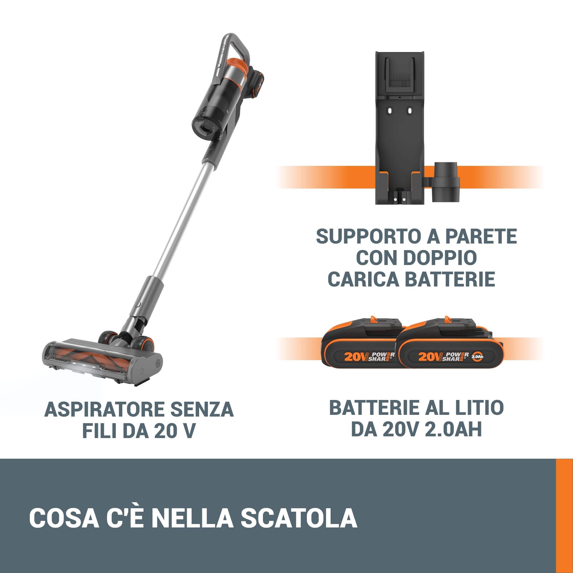 Worx WX038 aspirapolvere senza fili 20V 25kPa con 2 batterie