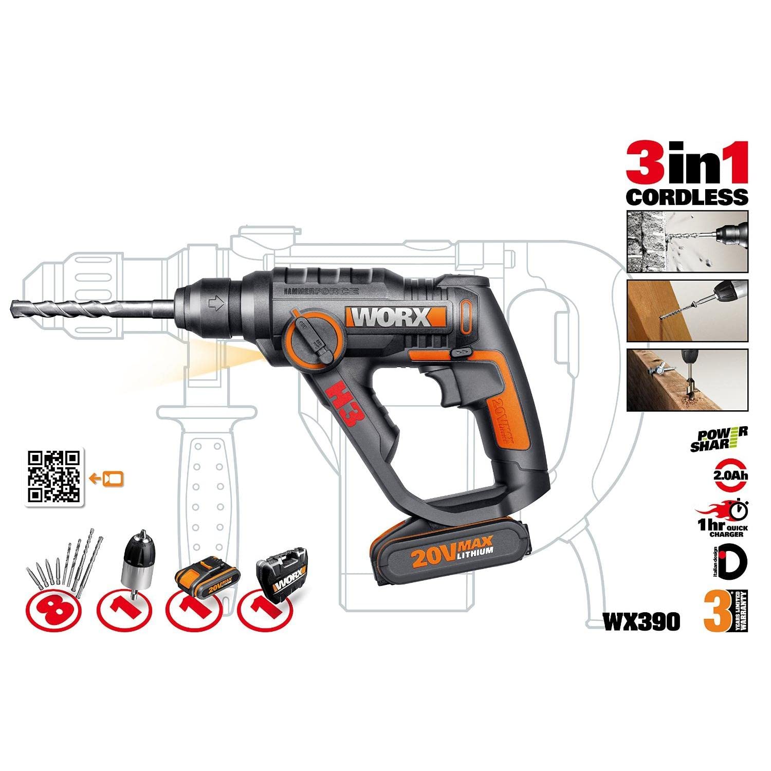 Worx WX390.1 martello perforatore 20V con 2 batterie