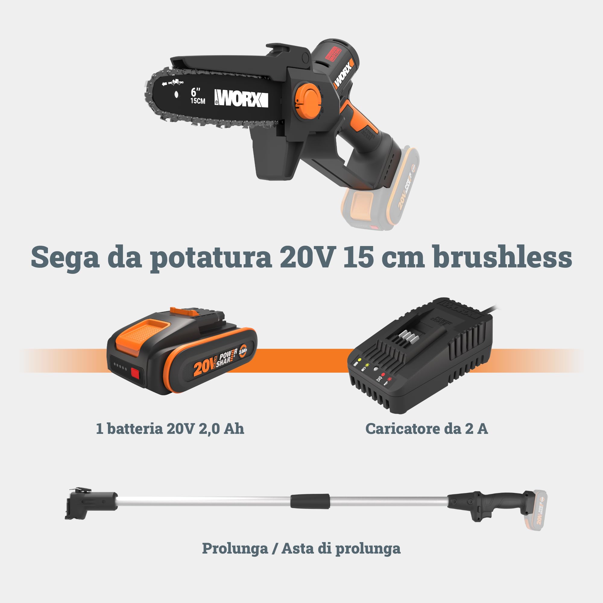 Worx WG327E.2 mini motosega 20V 15 cm con asta e batteria