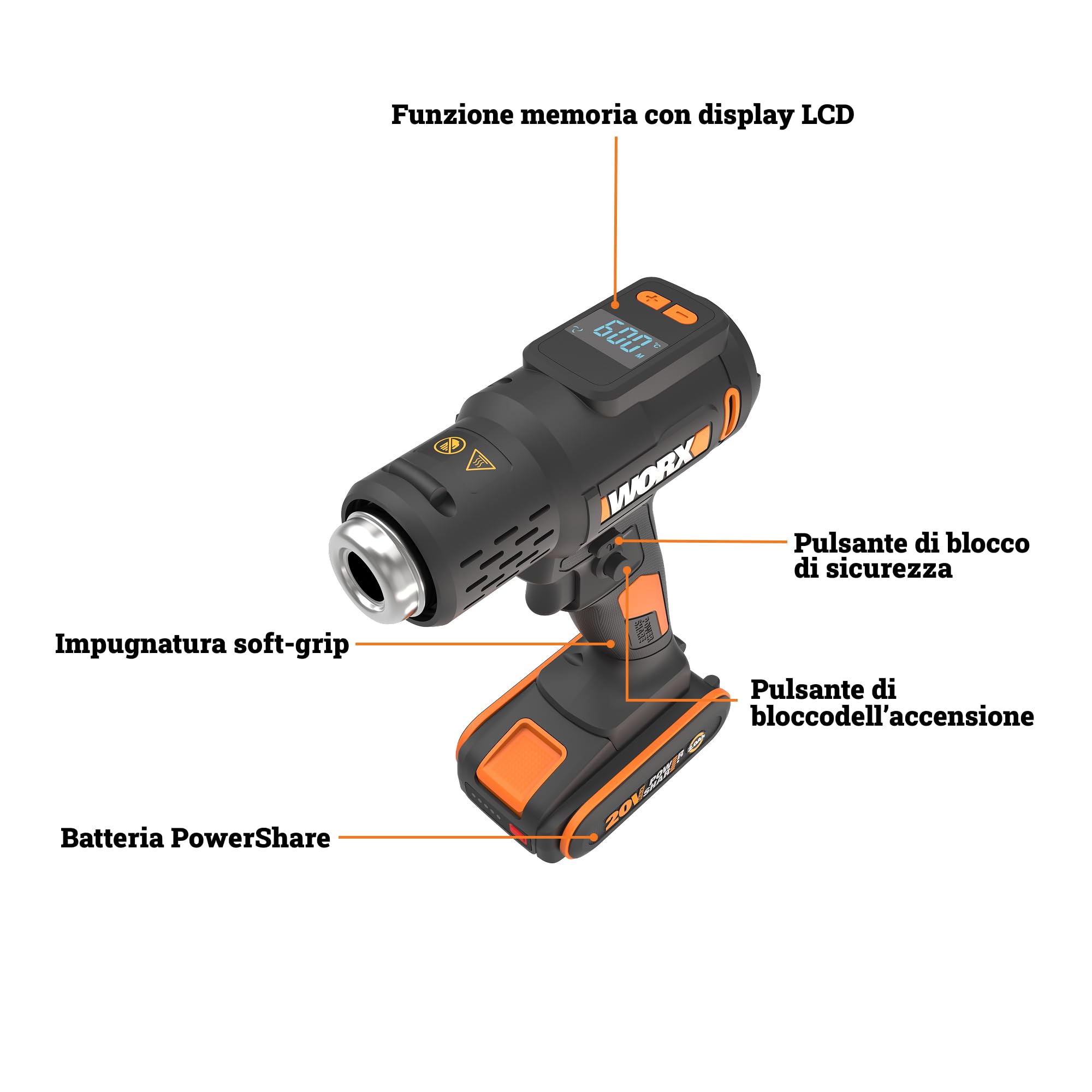 Worx WX015 Pistola Termica a Batteria 20V 2Ah 600°C