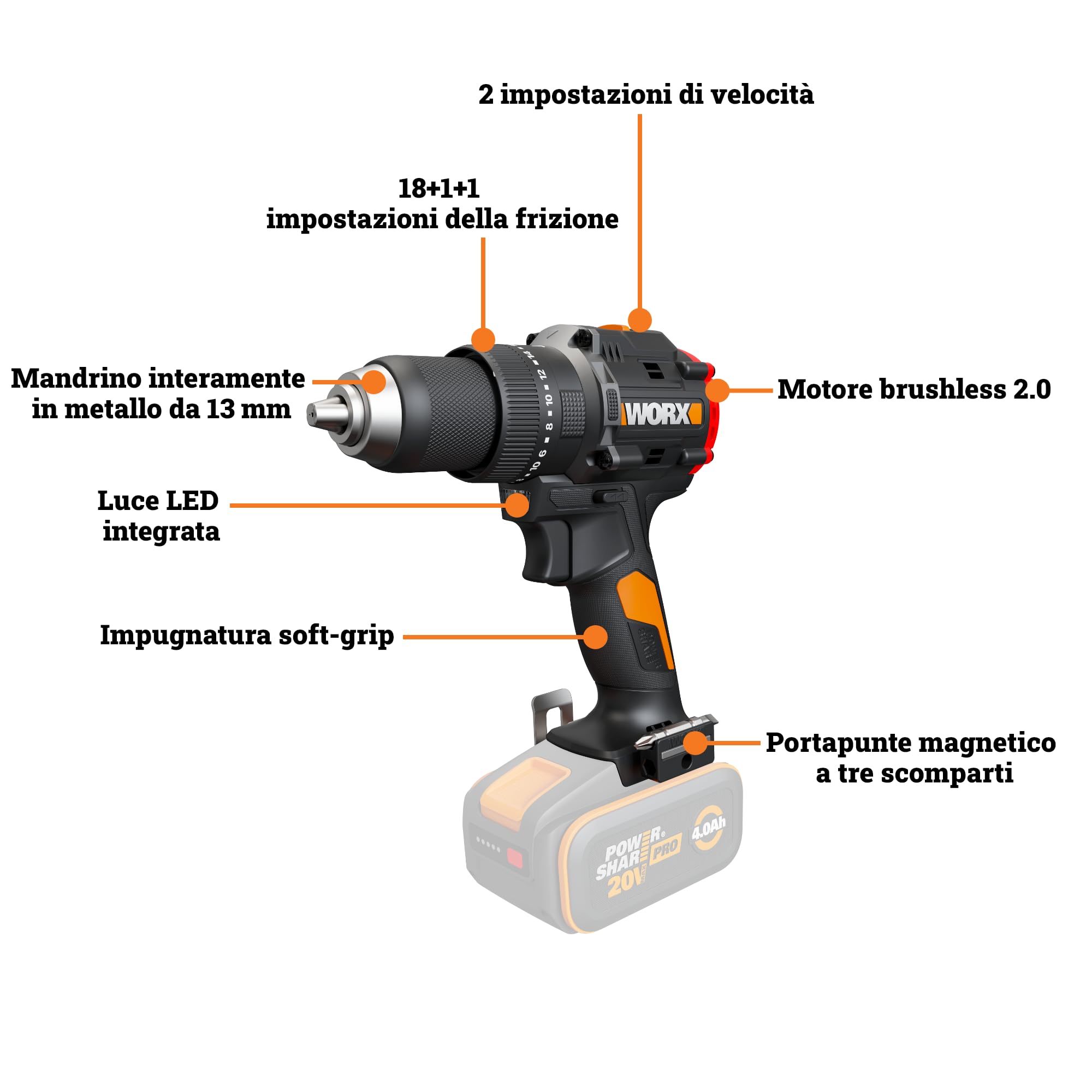 Worx WX356.9 trapano avvitatore percussione solo corpo 85 Nm