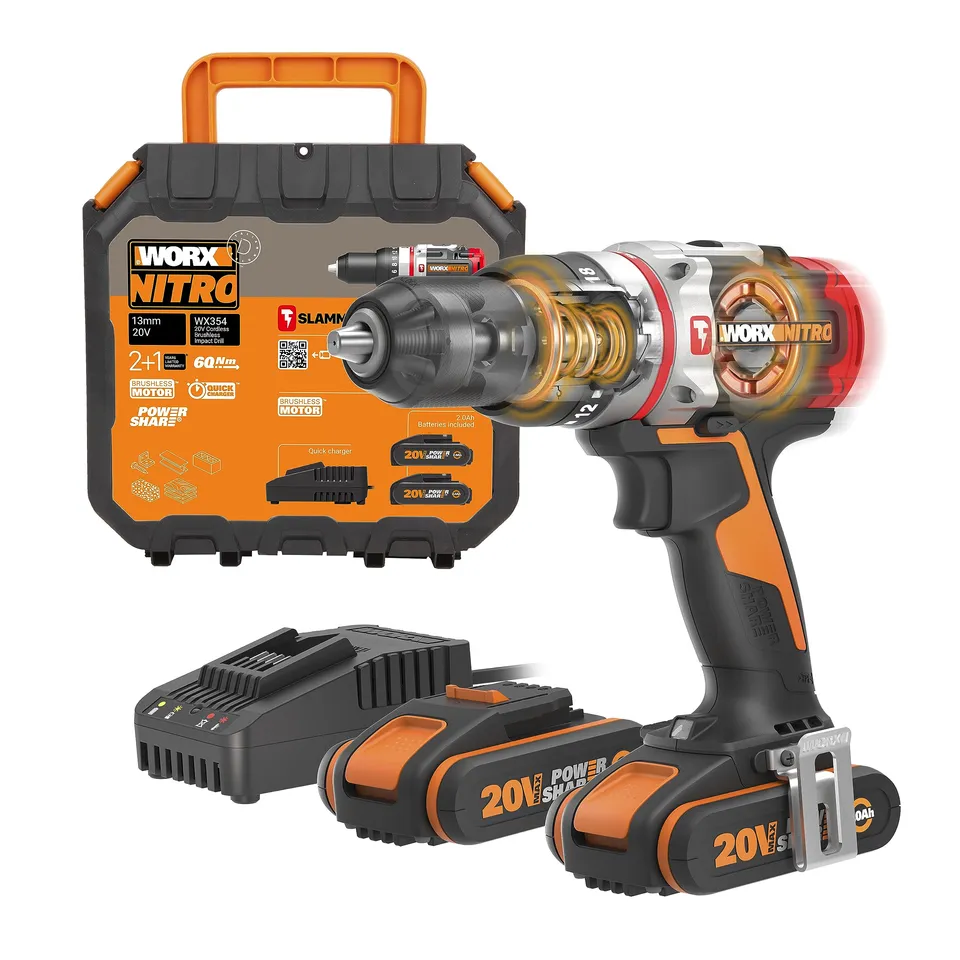 Worx WX354 trapano avvitatore 20V 60 Nm brushless 2x2Ah