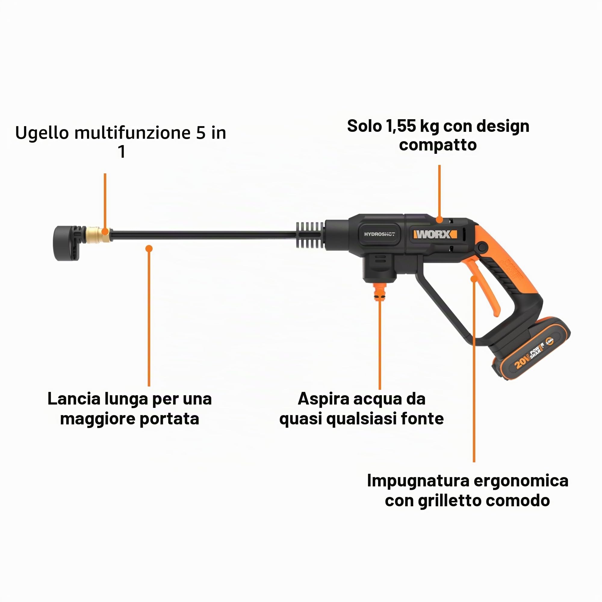 Worx WG621E Idropulitrice 20V 24bar 185L/h con Batteria 2Ah