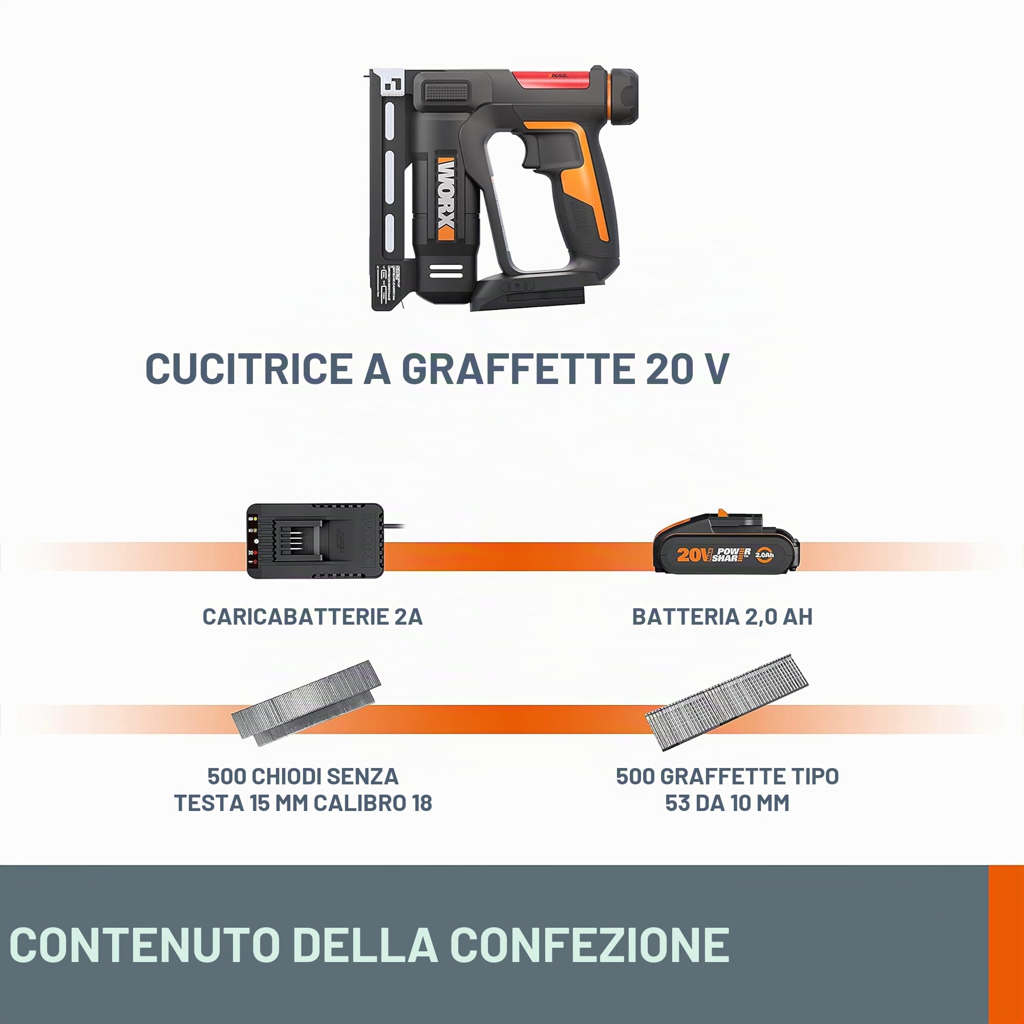 WORX WX843 chiodatrice batteria 20V 2 in 1 con chiodi