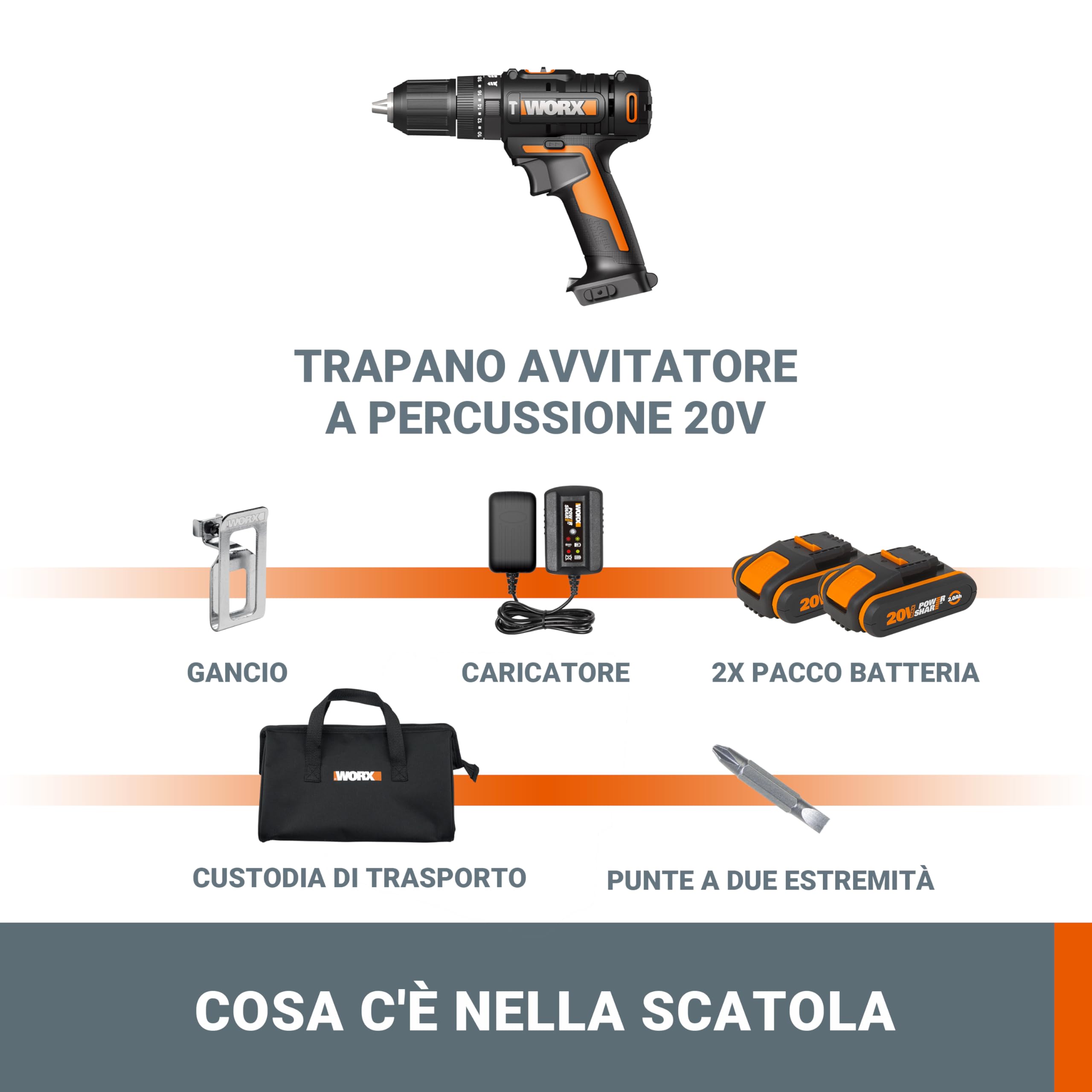 Worx WX370.1 trapano percussione 20V 50Nm 2 batterie