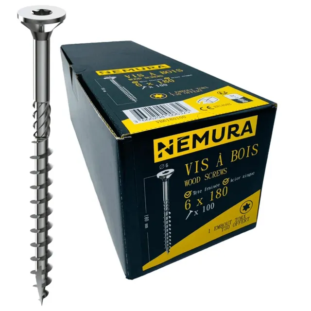 Nemura viti per legno Torx 6x180 mm zincate 100 pezzi