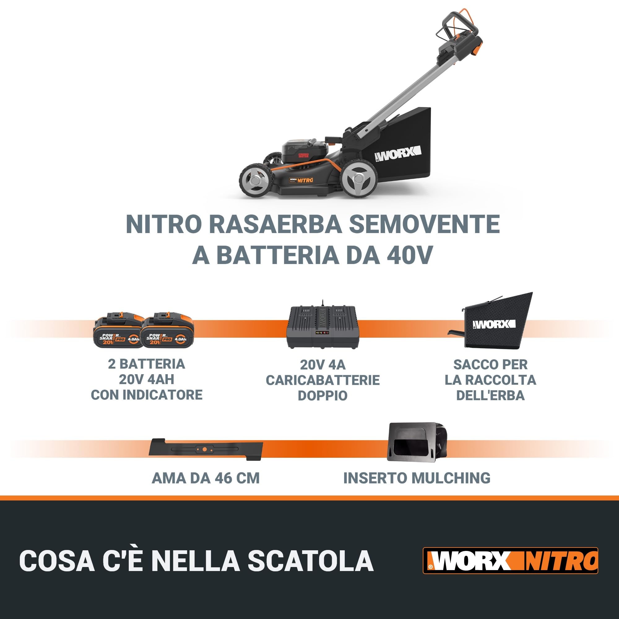 WORX WG749E Rasaerba Batteria 40V Taglio 46 cm Prato 500 mq