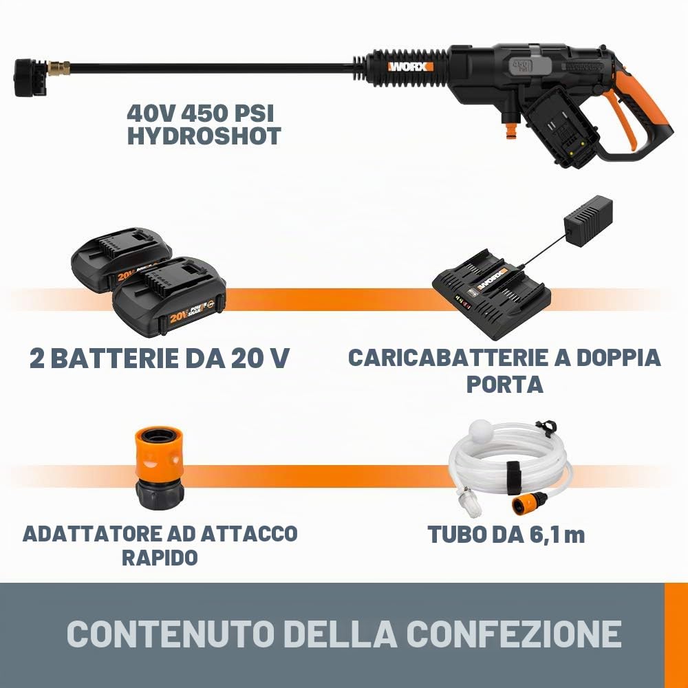 WORX WG644 Hydroshot Idropulitrice 40V 2 Batterie 450 PSI