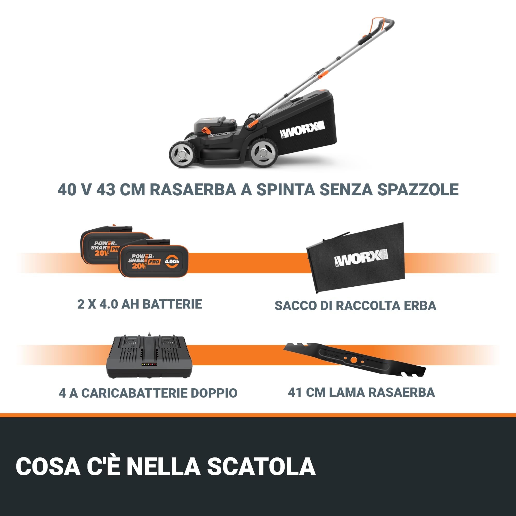 Worx WG745E tosaerba a batteria 40V taglio 41 cm spinta