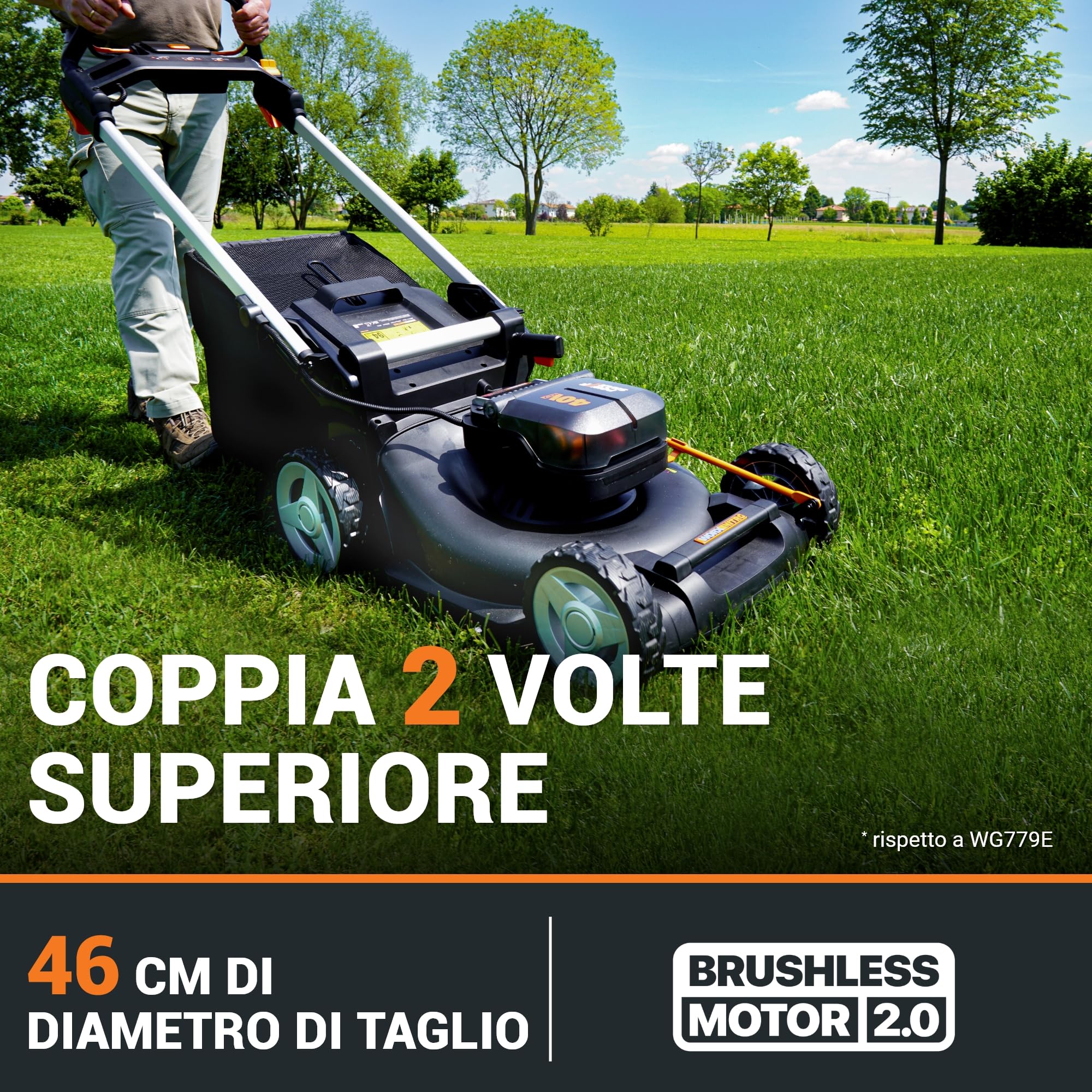 WORX WG749E Rasaerba Batteria 40V Taglio 46 cm Prato 500 mq