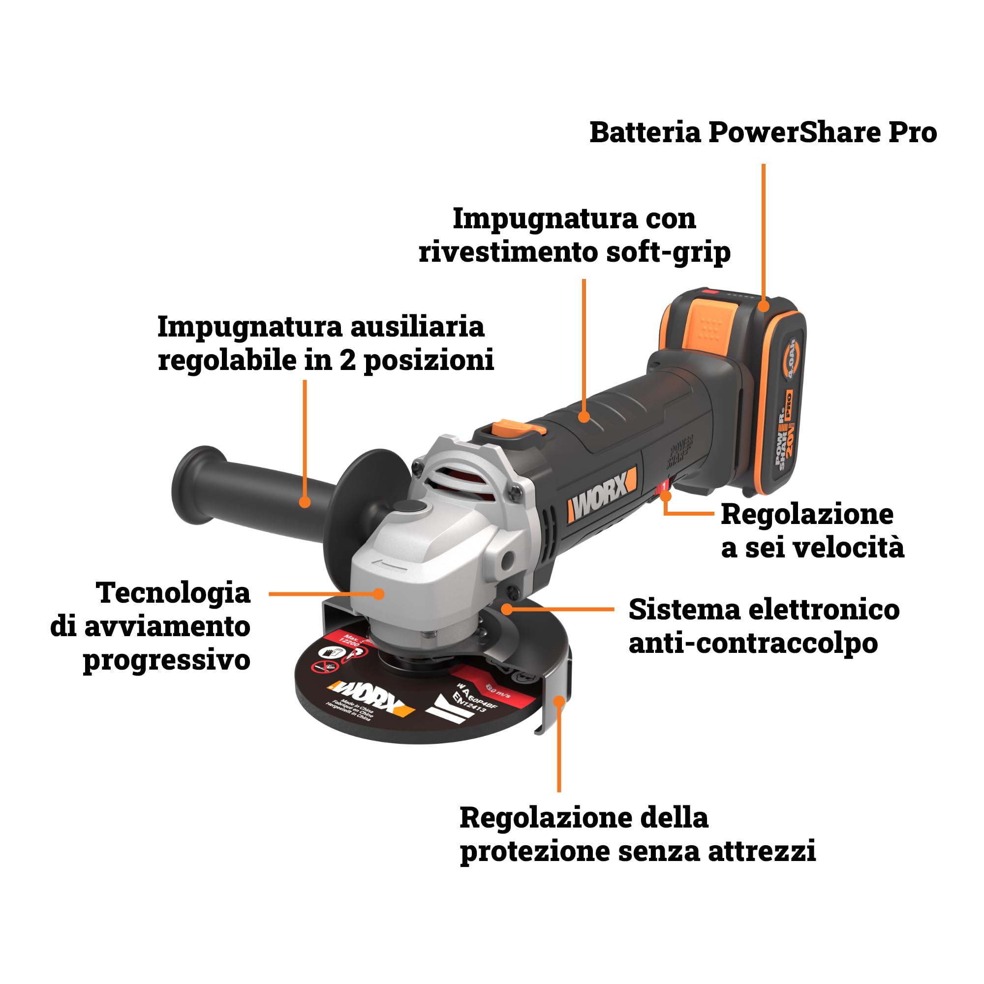 Worx WX808.9 smerigliatrice 20V 115 mm solo corpo 6 velocità