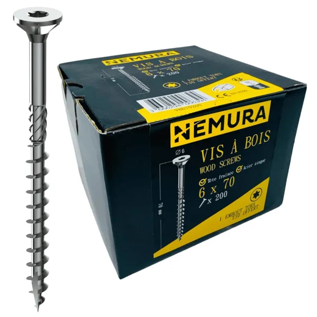Nemura viti per legno Torx 6x70 mm zincate 200 pezzi