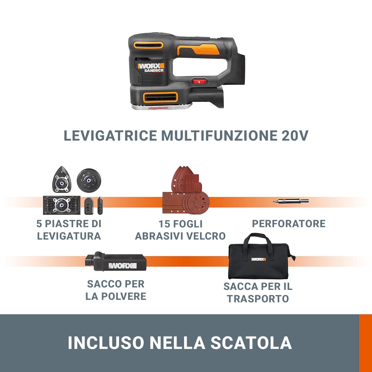 WORX WX820.9 Levigatrice Multifunzione 20V Solo Corpo 5 in 1