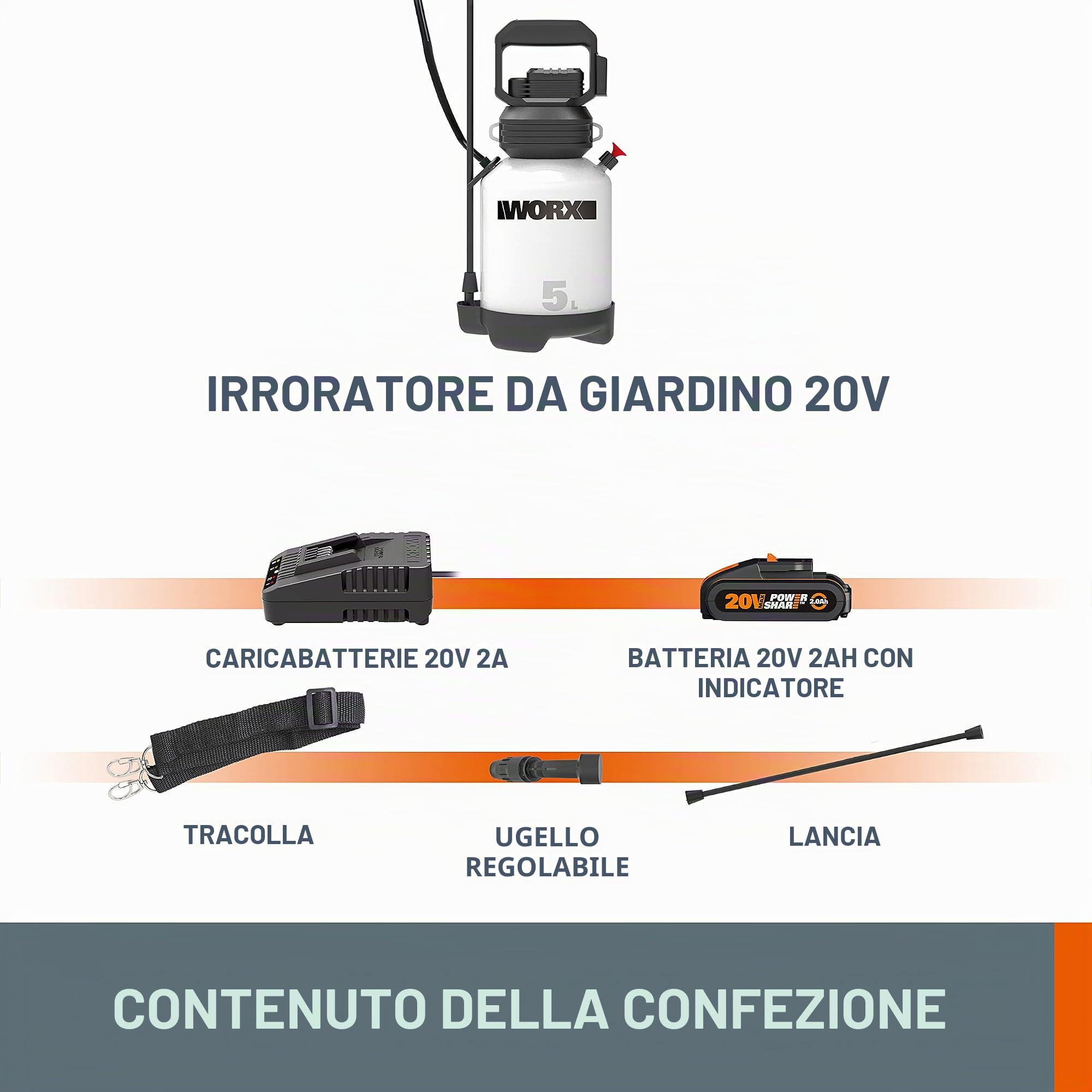 Worx WG829E Spruzzatore a Batteria 20V 5L con Lancia