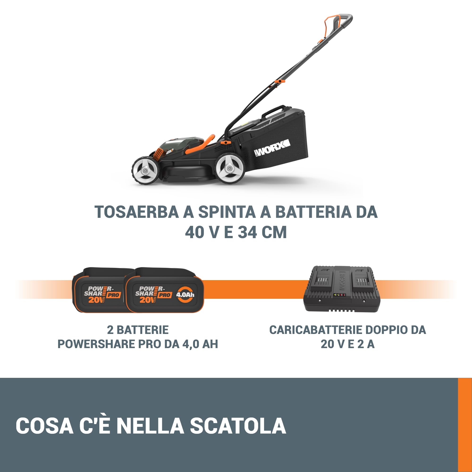 Worx WG779E Tosaerba 40V Taglio 34cm 2x2,5Ah 280mq
